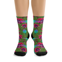 Load image into Gallery viewer, Hummingbirds and Fuscia flowers on Recycled Poly Socks