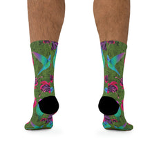 Load image into Gallery viewer, Hummingbirds and Fuscia flowers on Recycled Poly Socks