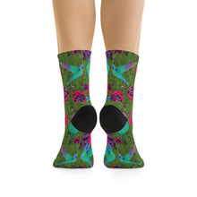 Load image into Gallery viewer, Hummingbirds and Fuscia flowers on Recycled Poly Socks