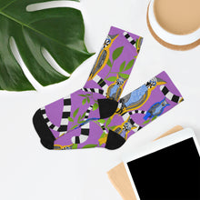 Load image into Gallery viewer, Psychedelic Owls Recycled Poly Socks on purple background