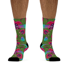 Load image into Gallery viewer, Hummingbirds and Fuscia flowers on Recycled Poly Socks