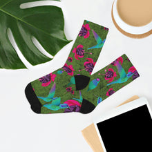 Load image into Gallery viewer, Hummingbirds and Fuscia flowers on Recycled Poly Socks
