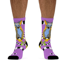 Load image into Gallery viewer, Psychedelic Owls Recycled Poly Socks on purple background
